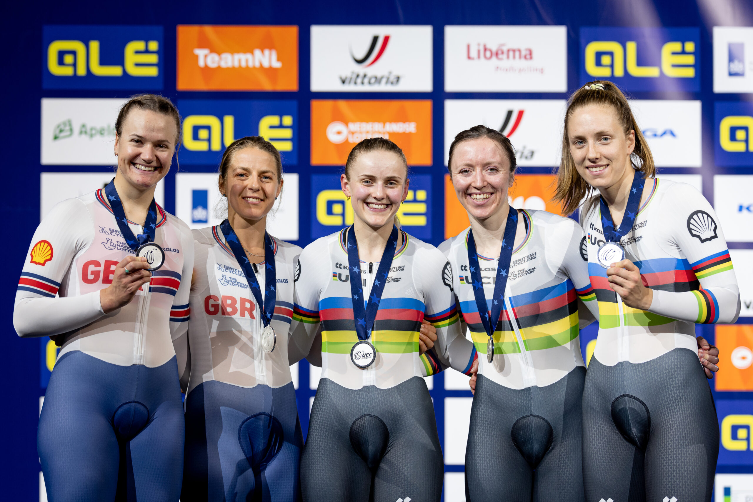 SWpix.com :  Track Elite European Championships  (Left to right) Jessica Roberts, Neah Evans, Megan Barker, Anna Morris and Josie Knight of Great Britain win Silver.