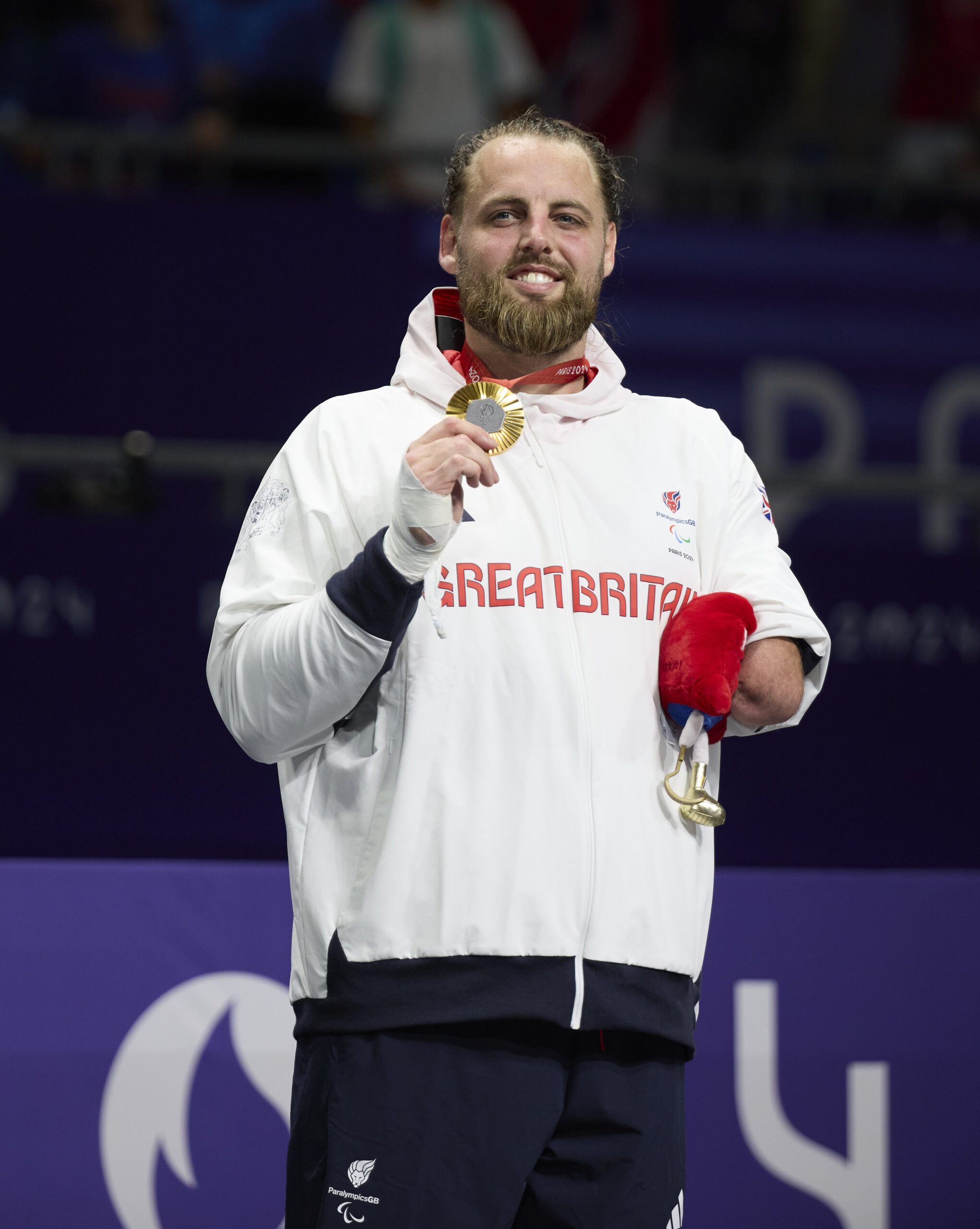 Image credit: imagecomms. ParalympicsGB Taekwondo athlete, Matt Bush aged 35, from St Clears, Wales, wins gold in the K44 +80kg M - Men, at the Paris 2024 Paralympic Games.