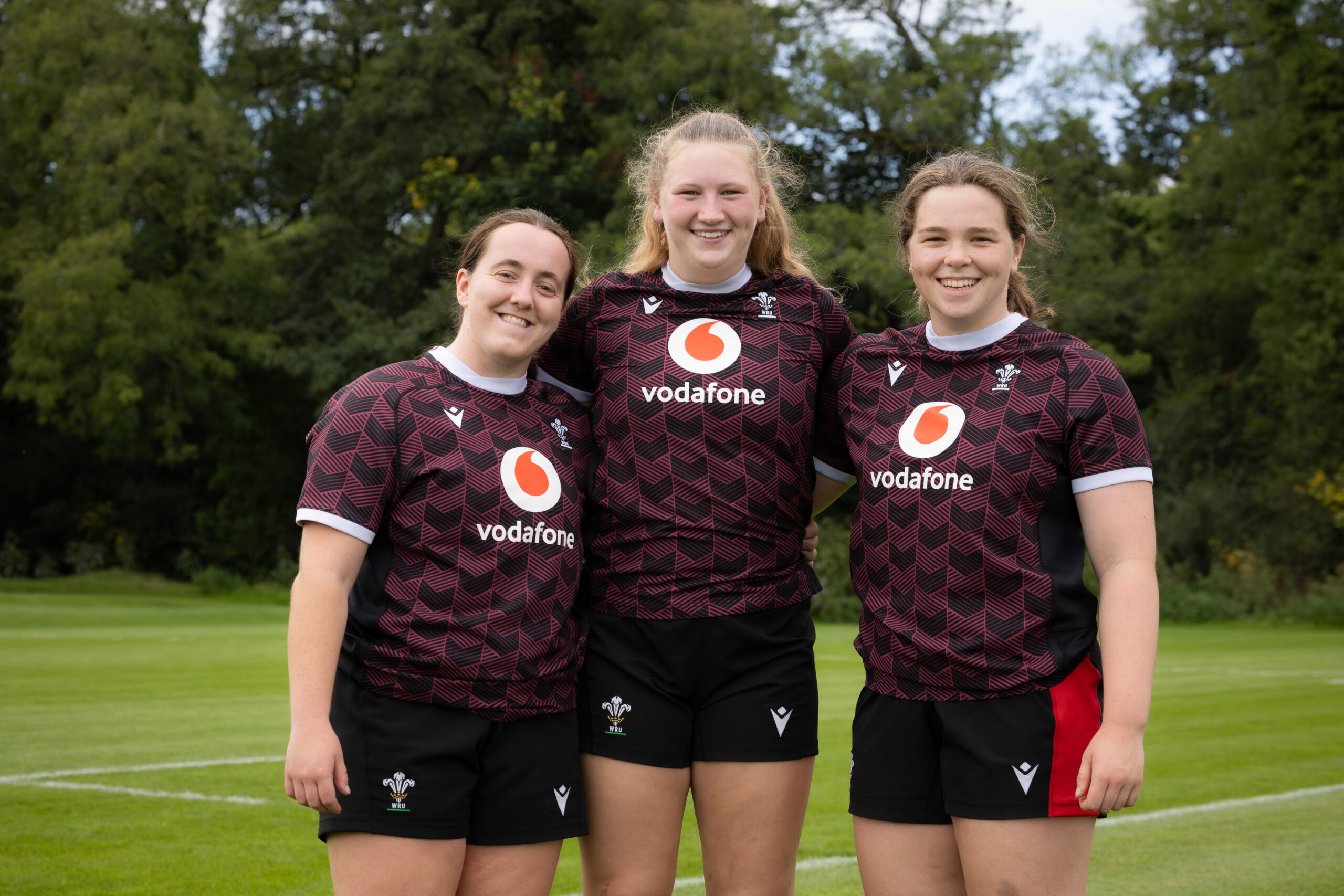 04.09.24 - Wales Women Rugby Training - Potential new caps, left to right, Rosie Carr, Alaw Pyrs and Maisie Davies who are replacements for the WXV2 warm up match against Scotland