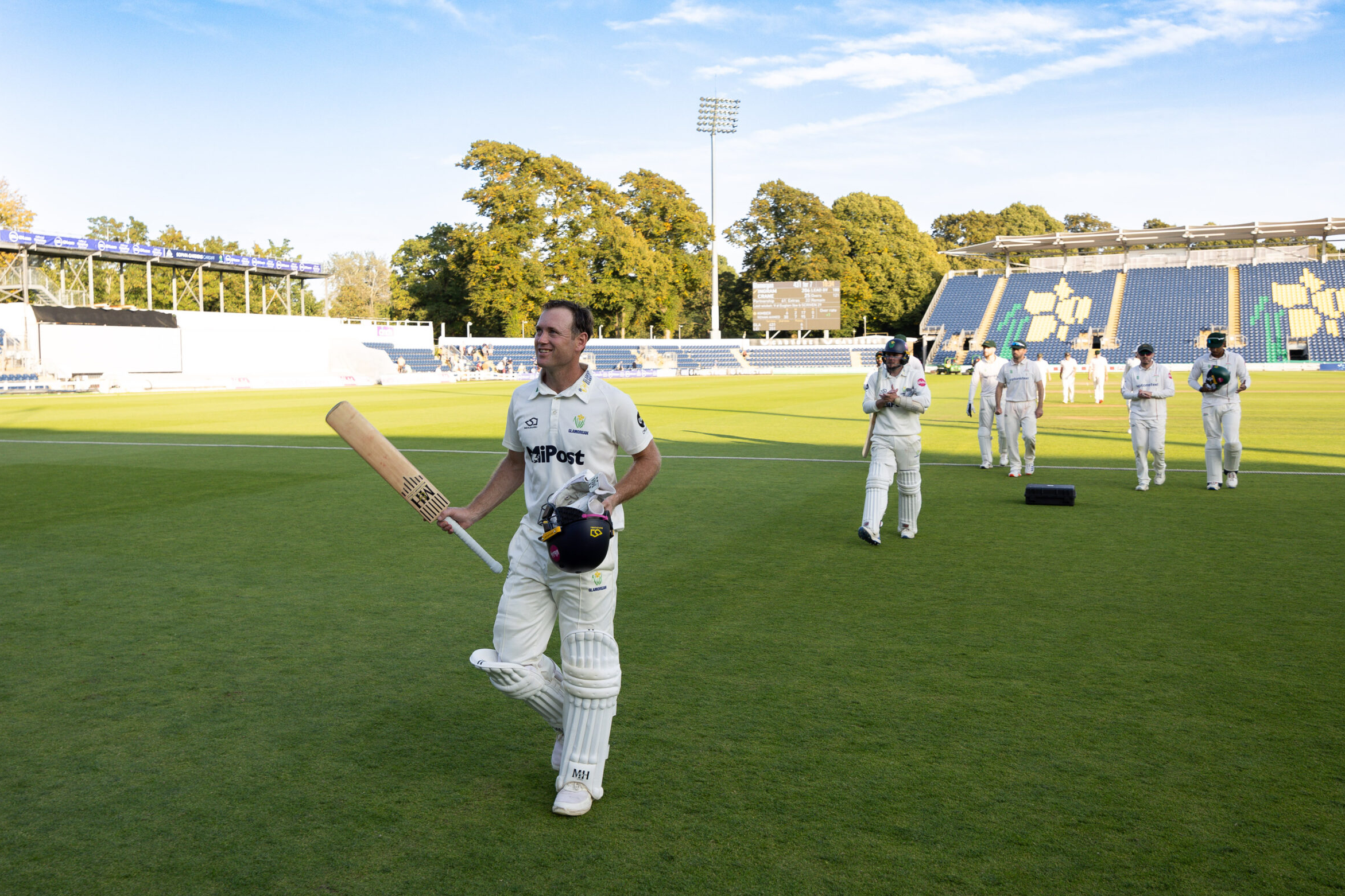 30.08.24 - Glamorgan v Leicestershire, Vitality County Championship, Division 2 - Colin Ingram of Glamorgan leaves the pitch at the end of play after his record breaking day at the wicket.