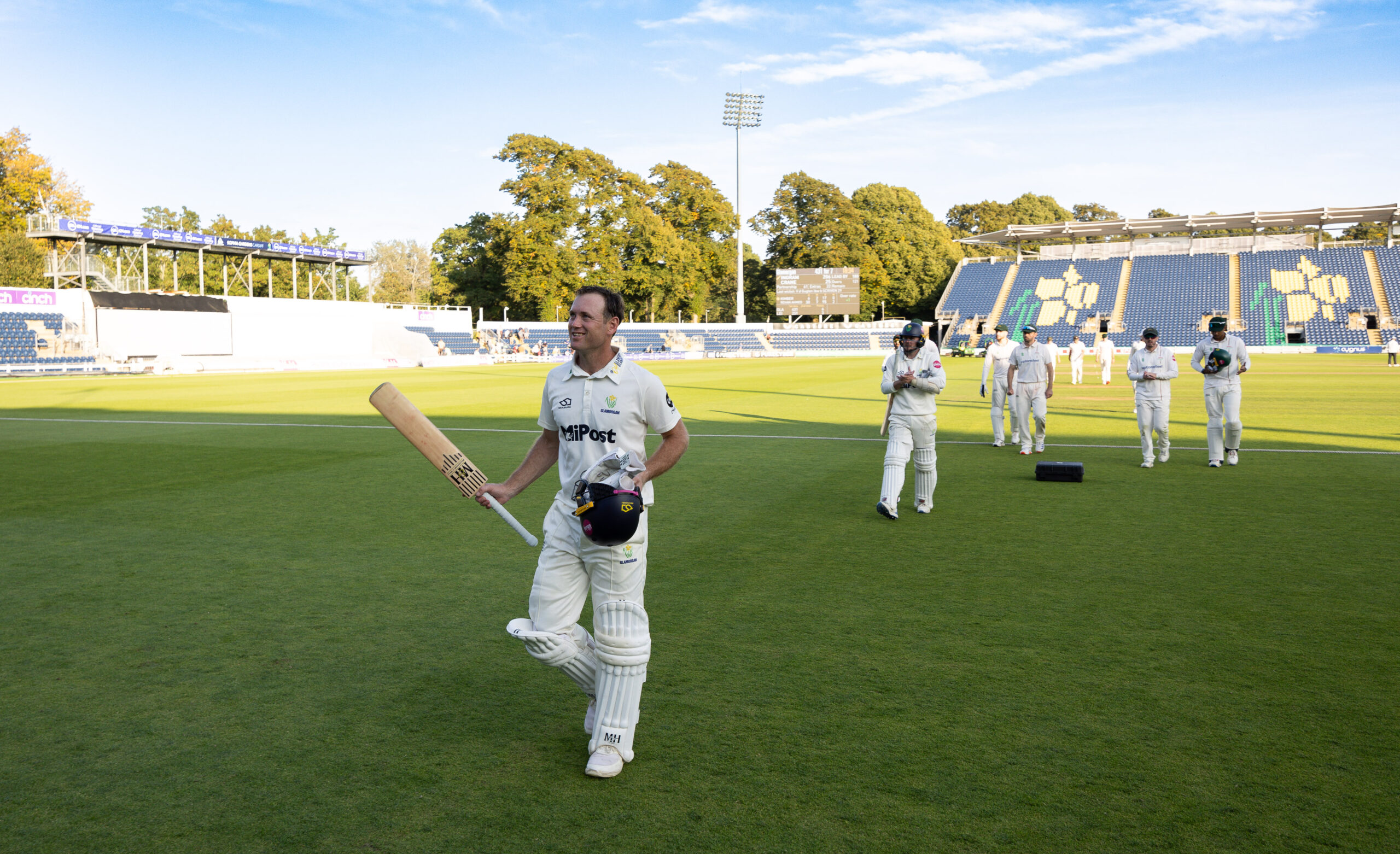 30.08.24 - Glamorgan v Leicestershire, Vitality County Championship, Division 2 - Colin Ingram of Glamorgan leaves the pitch at the end of play after his record breaking day at the wicket.